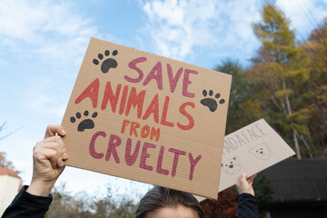 Hand holding placard sign with text Save animals from cruelty, during animal rights march. Protestor with cardboard banner at protest rally demonstration. - obrazy, fototapety, plakaty