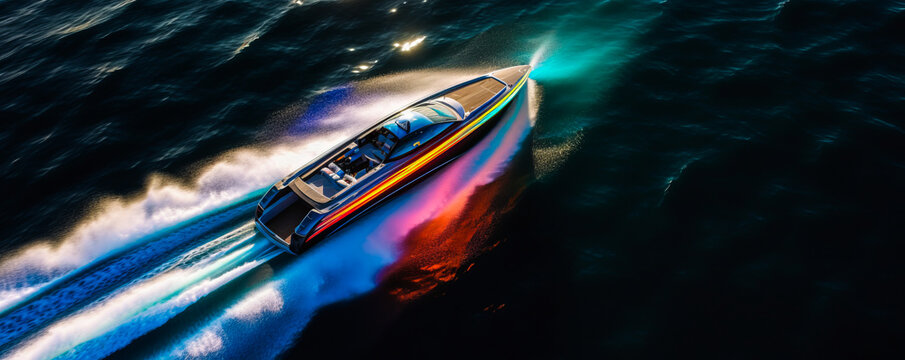 Stunning aerial view of a speedboat cutting through sparkling waves, emphasizing sleek design and thrilling sense of motion. Passengers unseen, focusing on exhilarating experience. Generative AI
