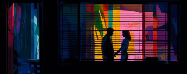 Captivating glimpse of a happy couple's silhouette through blinds, vibrant colors outside contrasting with dim interior - conveying emotions of jealousy. Generative AI