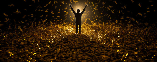 Captivating scene of a shadowy figure amidst cascading golden coins, arms outstretched in greed and possession, face hidden for emphasis on wealth desire. Generative AI
