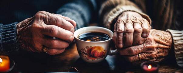 Emotionally touching elderly hands holding coffee cup in cozy memory-filled room, conveying warmth, companionship, and retired shared experiences. Generative AI
