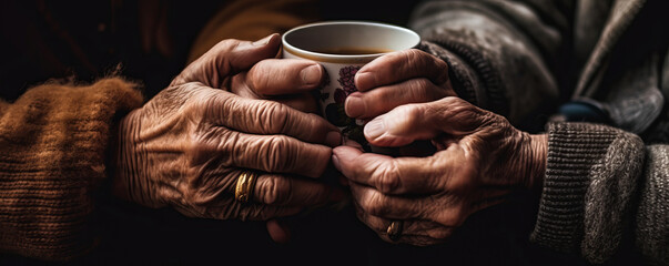 Charming close-up of elderly hands holding coffee together in cozy, memory-filled room with warm welcoming colors; evoking shared experiences and comfort as retired flatmates. Generative AI