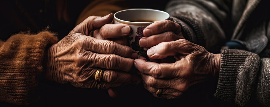 Charming close-up of elderly hands holding coffee together in cozy, memory-filled room with warm welcoming colors; evoking shared experiences and comfort as retired flatmates. Generative AI