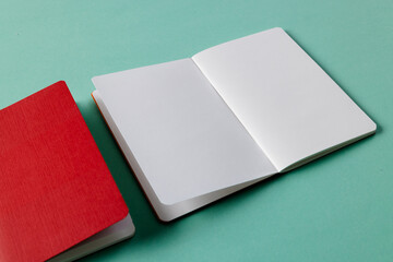 Fototapeta premium Close up of red notebook and open book with copy space on green background