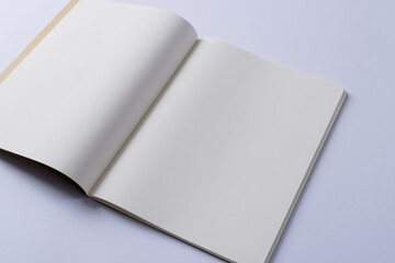 Close up of open book with copy space on white background