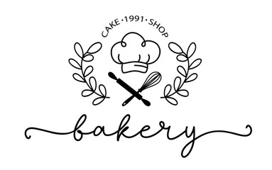 Bakery. Vector vintage logo word. Design typography, logo, badge, label, icon. Hand drawn horizontal calligraphy text. Typography bakery logo. Signboard icon bakery. Black and white illustration.
