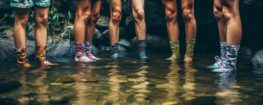Captivating image of vibrant-clad friends' legs side by side, mismatched socks and shoes in shallow stream, evoking adventure and camaraderie emotions. Generative AI