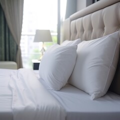 White pillows on comfortable bed and soft white mattress in hotel. created with generative AI technology.