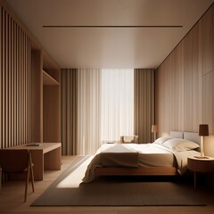 Bedroom with comfortable bed and soft white mattress in hotel. created with generative AI technology.