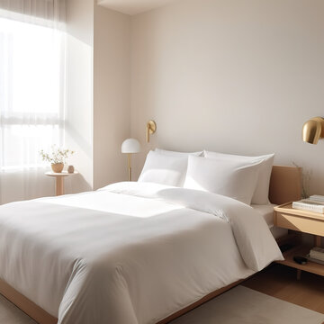 Bedroom with comfortable bed and soft white mattress in hotel. created with generative AI technology.