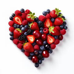 Obraz premium Illustration, AI generation. fresh berries laid out in the shape of a heart, white background.