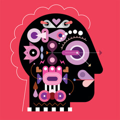 Human head shape design includes many abstract different objects and elements isolated on a red background, flat style vector illustration.