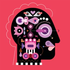 Fototapeten Human head shape design includes many abstract different objects and elements isolated on a red background, flat style vector illustration. ©  danjazzia