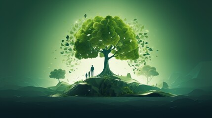 Guardians of Nature: A minimalistic image featuring a stylized tree with human figures embracing it, emphasizing the need for environmental stewardship | generative ai