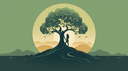 Guardians of Nature: A minimalistic image featuring a stylized tree with human figures embracing it, emphasizing the need for environmental stewardship | generative ai - obrazy, fototapety, plakaty