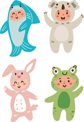 Set Collection Cute Cartoon Kids animal costume Illustration vector