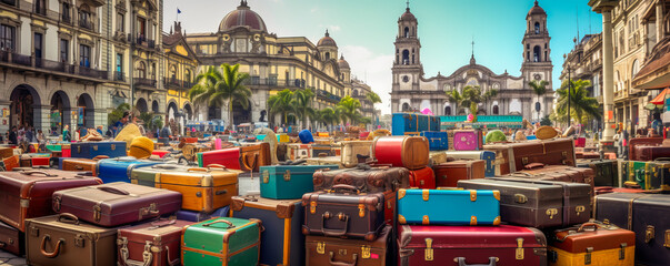Fototapeta premium Captivating South American trip: Stacked modern suitcases, vintage trunks at vibrant city square with ornate architecture, festive banners, and lively atmosphere. Generative AI