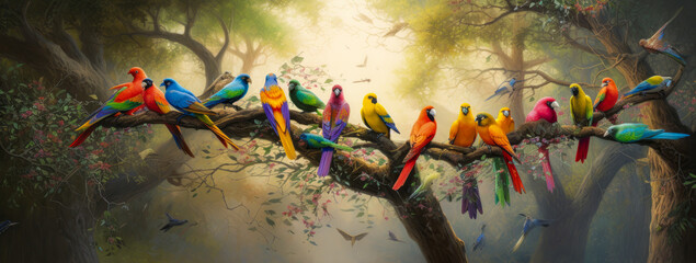 Fototapeta Captivating tropical birds display vibrant rainbow colors, perched playfully on sunlit tree branches, radiating blissful joy and happiness. Perfect for evoking emotion! Generative AI obraz