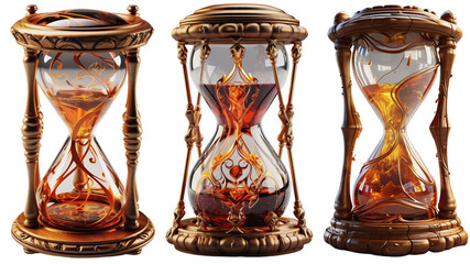 Three old stylish hourglasses, on a transparent background, Generative AI