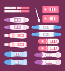Vector set of positive and negative pregnancy tests. Collection of home early detection pregnancy hormone. Female fertility, planning family concept.