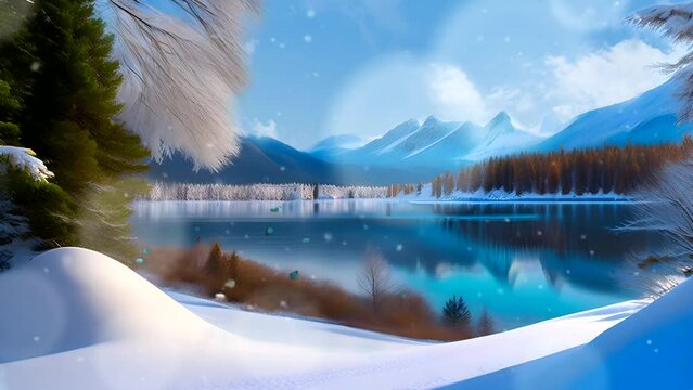 Animated background of natural scenery in winter with beautiful white snowflakes. Seamless looping animated video background