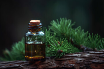 Cedar wood essential oil in a small transparent glass bottle on a branch of cedar, dark outdoor background with copy space for text. Selective focus. Generative AI.