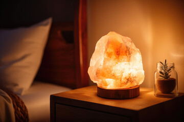 Himalayan pink salt lamp on bedside table glows against blurred dark bedroom background on a...