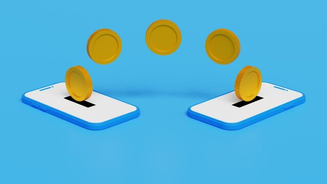 Money transfer on smartphones. Coins moving from one mobile phone to other. Sending and receiving money wirelessly. Mobile wallet. 4K 3D loop animation