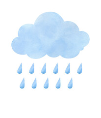 Watercolor, blue cloud and drops of rain, water isolated on white background. Drawn by hand. Element for design and decoration. Summer rain.