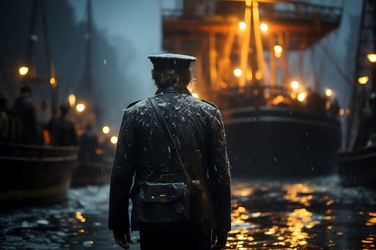 An old sailor standing at the stern of a ship