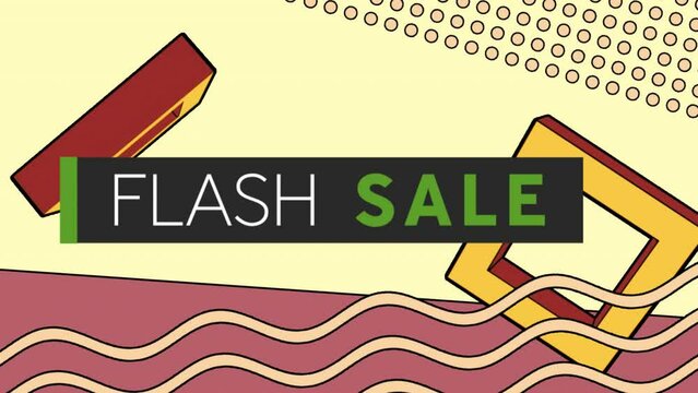 Animation of flash sale text banner over colorful abstract shapes in seamless pattern in background