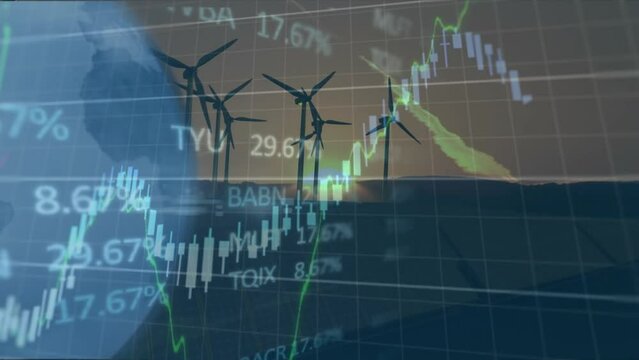 Animation of stock market data processing and globe over spinning windmills against sunset sky