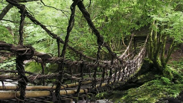 Tokushima, Japan - June 25, 2023: Oku-Iya double vine bridge or Oku-Iya Nijuu Kazura bridge. A suspension bridge made of the plant called Shirakuchikazura.
