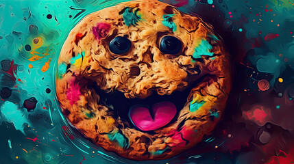Kawaii cookie with eyes and mouth on abstract colorful background.