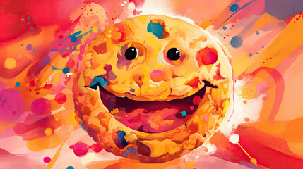 Colorful watercolor illustration of a happy smiling chocolate chip cookie on a colorful background.