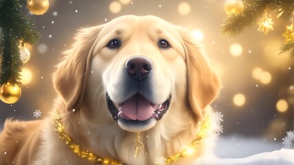 adorable Golden retriever with a bokeh Christmas background. Generative AI
