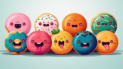 Cute cartoon colorful donuts with different faces and emotions.