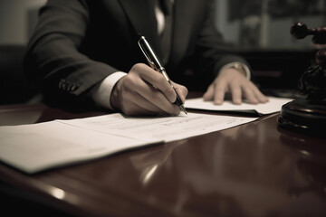 Close-up of a working businessman writing on paper in the office, hand holding a pen and signing a contract. Business concept