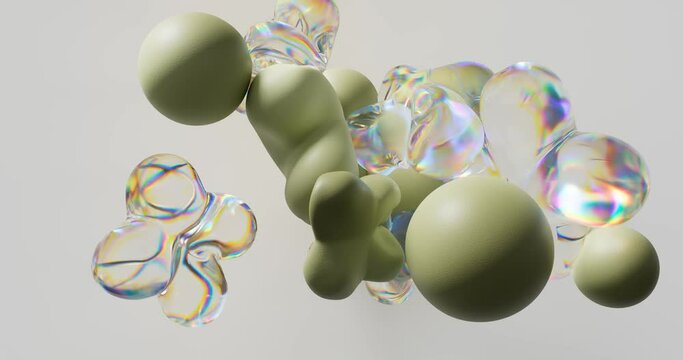 3D background. Abstract dispersion glass and green sphere. Futuristic soft blob with rainbow flying. Liquid shape, animation in 4K. Holographic spectrum colors. Prism, iridescent backdrop. 