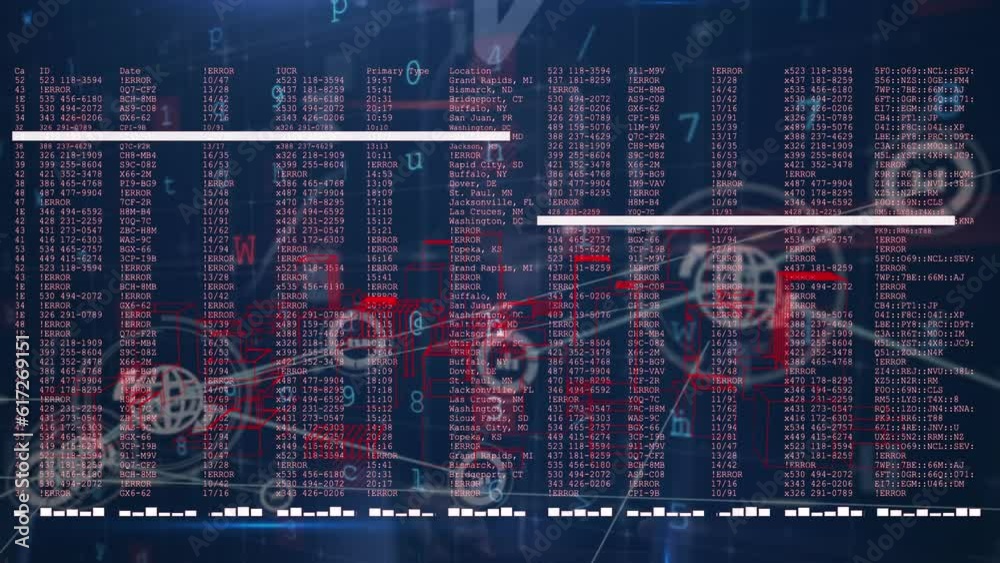 Poster animation of network of digital icons and cyber security data processing over caucasian male hacker