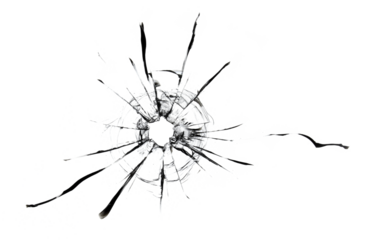 A single bullet whole through glass on a white background. Texture with a semi-transparent background in png format.