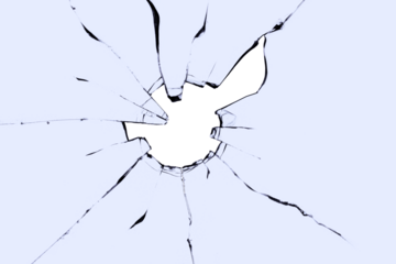A broken window with a hole in the center, the texture of cracks on the glass. Transparent background in png format for design use.