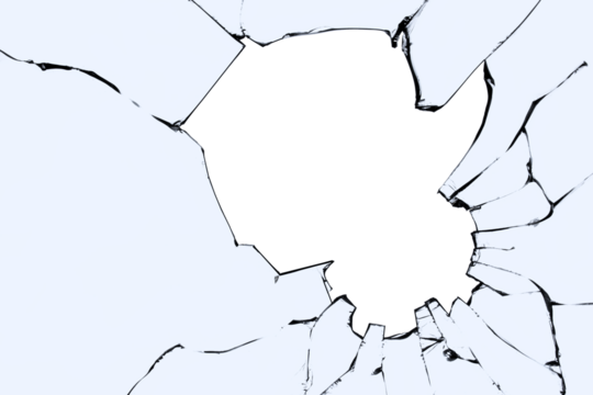 A large hole in the window and cracks in the broken glass. Texture with a semi-transparent background in png format.
