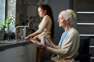 Grey haired grandmother with disability wiping clean plates with dry towel while sitting in wheelchair against her granddaughter washing dishes - Powered by Adobe