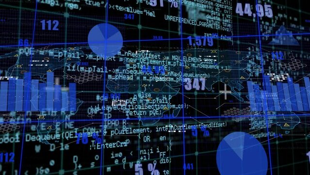 Animation of data processing over grid network against world map on black background