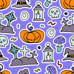 Doodle Halloween seamless pattern. Hand-drawn autumn pumpkin, grave, skull, witch hat on violet background. Cute scary horror sticker for fall holiday Day of the Dead. Vector color spooky illustration