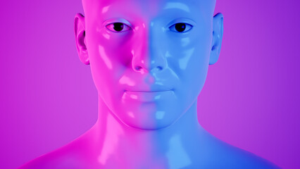 male hyper-realistic robot or cyborg in studio with neon light. Artificial intelligence or neural network in image cybernetic man. Digital technology concept. 3d render