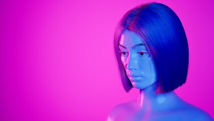 Female hyper-realistic robot or cyborg in studio with neon light. Artificial intelligence or neural network in image cybernetic girl. Digital technology concept. 3d render