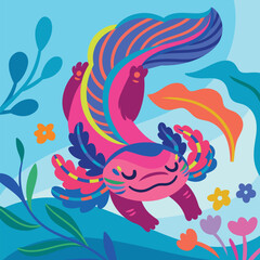 Fototapeta na wymiar Cute cartoon axolotl, amphibian creature is swimming underwater. Vector illustration
