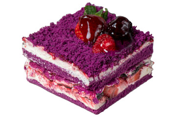 Forest fruit cake slice isolated on white background. Strawberry, blackberry and raspberry, black mulberry cake. Bakery products. close up